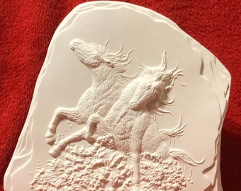 Ceramic Horses Running through water on a rock slate in bisque ready to paint by jmdceramicsart