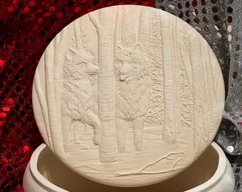 Ceramic Bowl with Wolves in Woods Lid in bisque ready to paint by jmdceramicsart