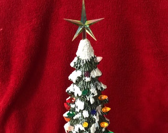 Snow - Covered Handcrafted Cramic Christmas Tree Festive Holiday Decor with Multicolor Bulbs on Base by jmdceramicsart