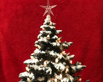 Snow-Topped Christmas Tree with Clear Bulbs and Star on Base - Green Ceramic Fir Xmas Tree - Festive Holiday Decor - Xmas Tree Sculpture