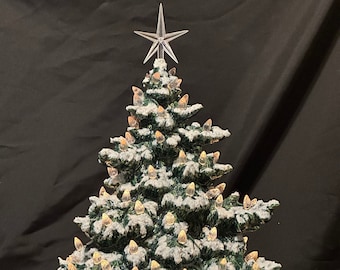 Snow-Dusted Christmas Tree with Clear Bulbs & Plastic Star - Handcrafted Ornamented Xmas tree - Festive Holiday Decor - Ceramic Xmas Trees