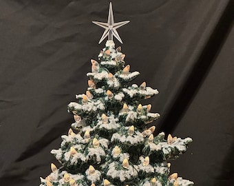 Snow-Dusted Christmas Tree with Clear Bulbs & Plastic Star - Handcrafted Ornamented Xmas tree - Festive Holiday Decor - Ceramic Xmas Tree