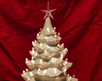 Star-Topped Tree with Clear Bulbs & Plastic Star on Base - Handcrafted Ornamented Xmas tree - Ceramic Christmas Tree - Handmade Xmas Tree