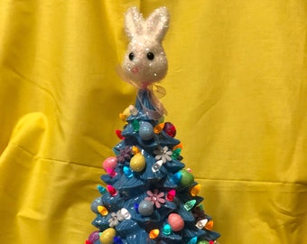 Ceramic Bunny Figurine Tree with ornaments by jmdceramicsart