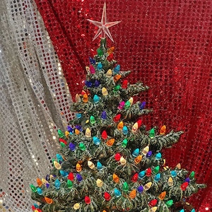 Handcrafted Ornamented Xmas Tree - &quot;l&#39;arbre Aux Nombreuses Lumieres&quot; - Green Ceramic Frazier Fir and Base with Multicolor Bulbs & Star