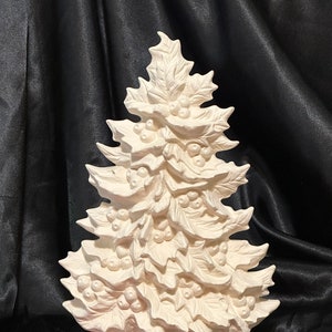 Small Nowells Molds Ceramic Holly Mantle Ornament Christmas Tree & Base without holes for lights in bisque ready to paint by jmdceramicsart