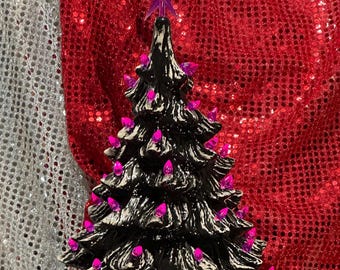 Star-Topped Tree - Handcrafted Ornamented Xmas Tree and Base - With Purple Bulbs - Handmade Xmas Tree Art - Christmas Tree - Xmas Tree Gifts