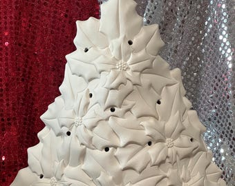 DIY Clay Magic Xmas Tree - DIY Ceramic Bisque Xmas Tree gift - Ornamented Christmas Tree and Base - DIY Poinsettia Tree with Holes for Light