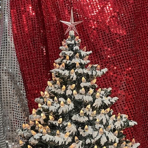 Snow-Topped Christmas Tree with Clear Bulbs and Star on Base - Ceramic Frazier Fir Xmas Tree - Festive Holiday Decor - Xmas Tree Sculpture