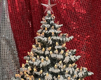 Snow-Topped Christmas Tree with Clear Bulbs and Star on Base - Ceramic Frazier Fir Xmas Tree - Festive Holiday Decor - Xmas Tree Sculpture