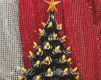 Star-Topped Tree - Handcrafted Ornamented Xmas Tree and Base - With Yellow Bulbs - Handmade Xmas Tree Art - Christmas Tree - Xmas Tree Gifts