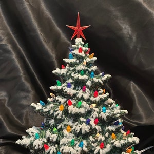 Snow-Dusted Christmas Tree with Multicolor Bulbs & Plastic Star - Handcrafted Ornamented Xmas tree - Festive Holiday Decor - Green Glazed