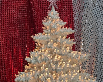 Star-Topped Christmas Tree with Clear Bulbs and Star on Base - Pearl White Ceramic Frazier Fir Christmas Tree - Handmade Ornamented Tree Art