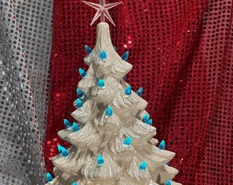 Star-Topped Christmas Tree and Base with Aqua Bulbs & Plastic Star - Handcrafted Ornamented Xmas tree - Festive Holiday Decor - Xmas Tree