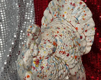 Handcrafted Glazed Ceramic Turkey Sculpture: Colorful Tabletop Art