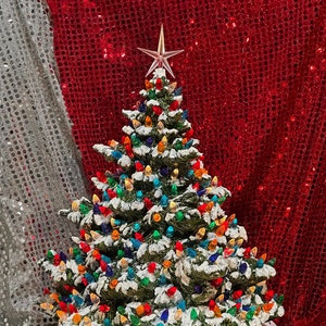 Snow-Dusted Xmas Tree - Handcrafted Ornamented Christmas Tree & Base with Multicolor Bulbs and Plastic Star - Handmade Ceramic Xmas Tree Art