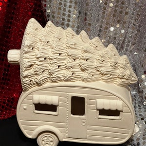 DIY Clay Magic Camper - Ceramic Bisque Camper with Tree - Ready to Paint Ceramics - DIY Xmas Decor - DIY Christmas Art - Xmas Tree Sculpture