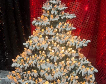 Handcrafted Ceramic Heirloom Christmas Tree and Base with Star: Luscious Green Xmas Tree Gift - Diamond Fir Xmas Tree with Snow