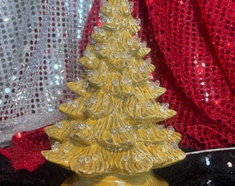 Handcrafted Ornamented Christmas Tree and Base - Clear Globes & Star - Festive Home Decor - Ceramic Yellow Ochre Pearl Holiday Tree