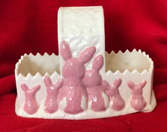 Rare Ceramic Easter Basket, milk glazed, pink glazed bunnies and clear on the inside.