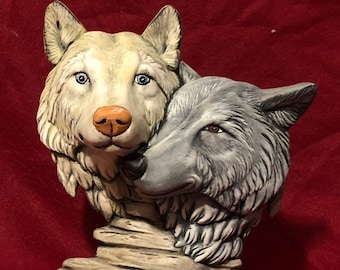 Ceramic Dry Brushed Driftwood Wolf Couple using Mayco Softee Stains by jmdceramicsart