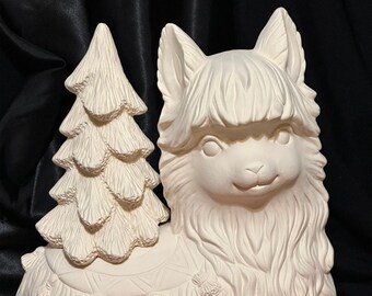 Ceramic laying female Lucy the Llama and Christmas  tree with holes for lights in bisque ready to paint by jmdceramicsart