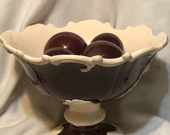 One of a kind 5 piece Milk Glass and Burgundy Glazed Ceramic Fruit Bowl with decorative ornaments by jmdceramicsart