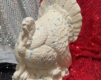 Handmade Ceramic Turkey Sculpture: Milk Glass & Light Blue Flecks