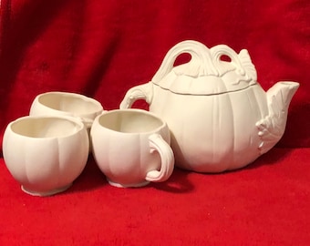 Rare 5 Piece Ceramic Pumpkin Pitcher and Cup Set in bisque ready to paint