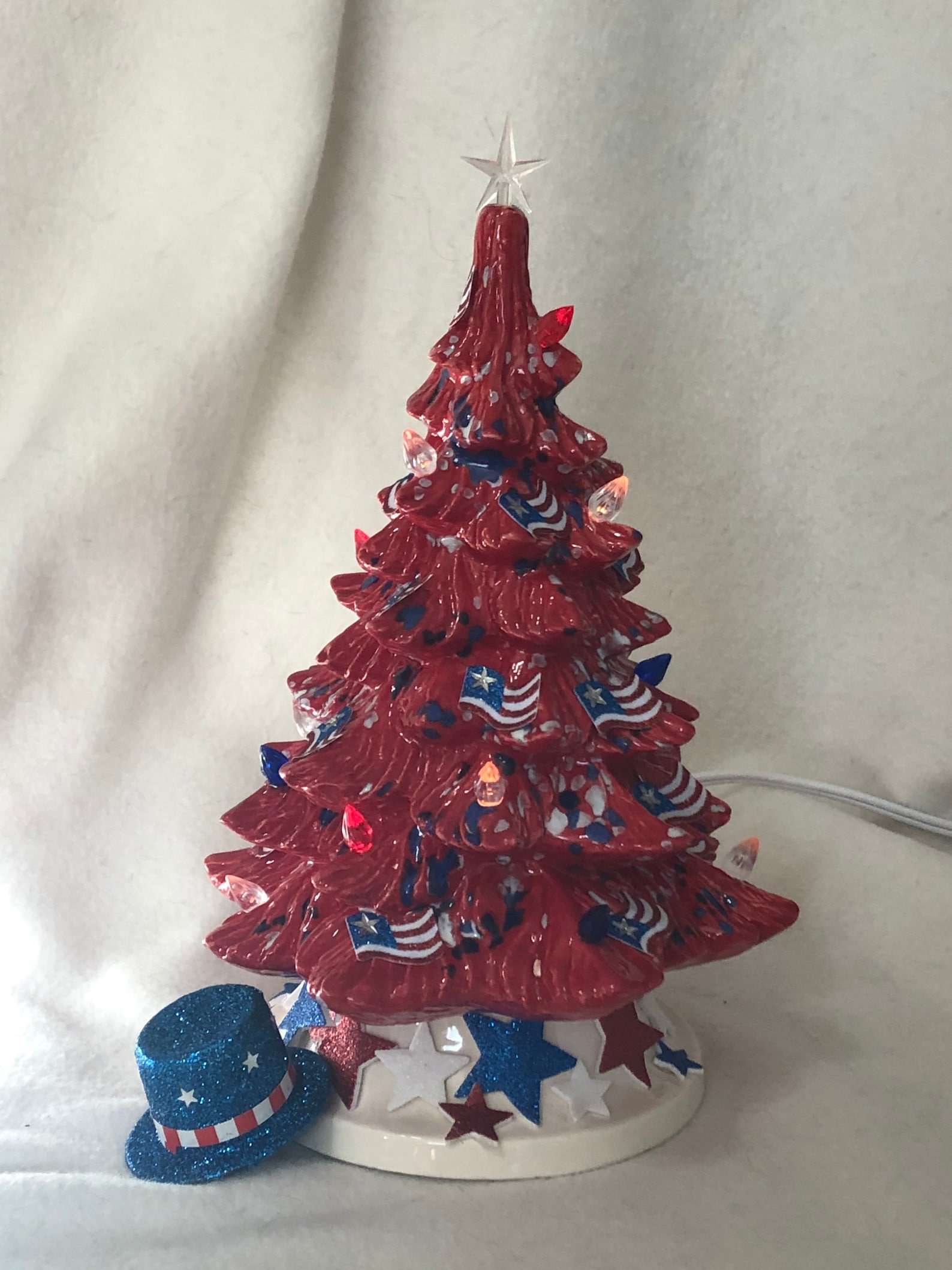 Red Glazed Ceramic Independence Day Tree With Blue and White - Etsy