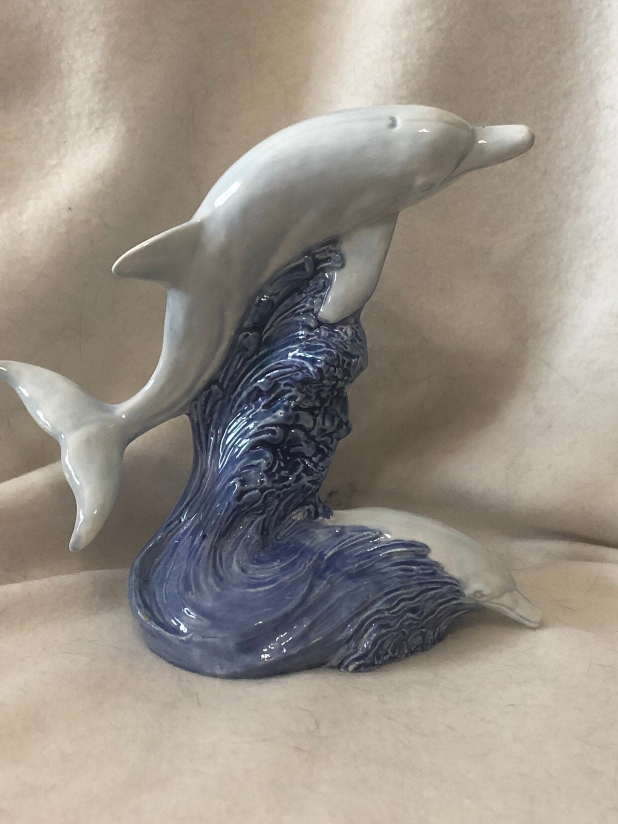 Sapphire and Sheer Blue Glazed Ceramic Dolphins