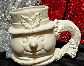 Ceramic textured snowman cup in ceramic bisque ready to paint by jmdceramicsart