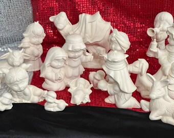 Ceramic Bisque Ready to Paint Diy Dona's Molds 15 piece Sweet Tots Nativity Set by jmdceramicsart