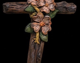 Ceramic Wall Art Cross - Custom David Bruce Art - Hand Painted Gift - Handmade Dogwood Cross