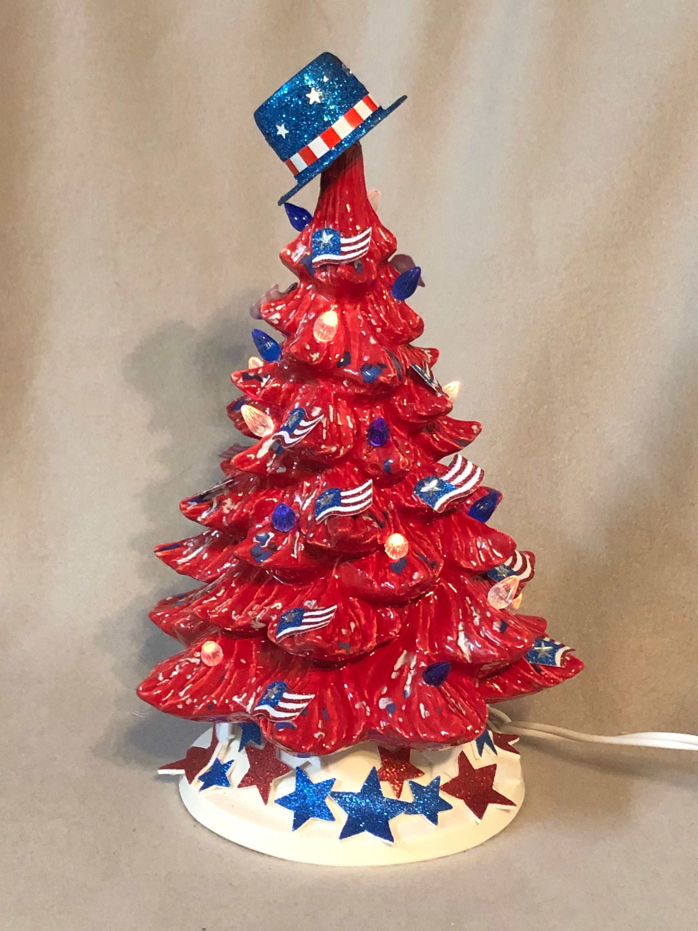 Red Glazed Ceramic Independence Day Tree with blue and white flecks