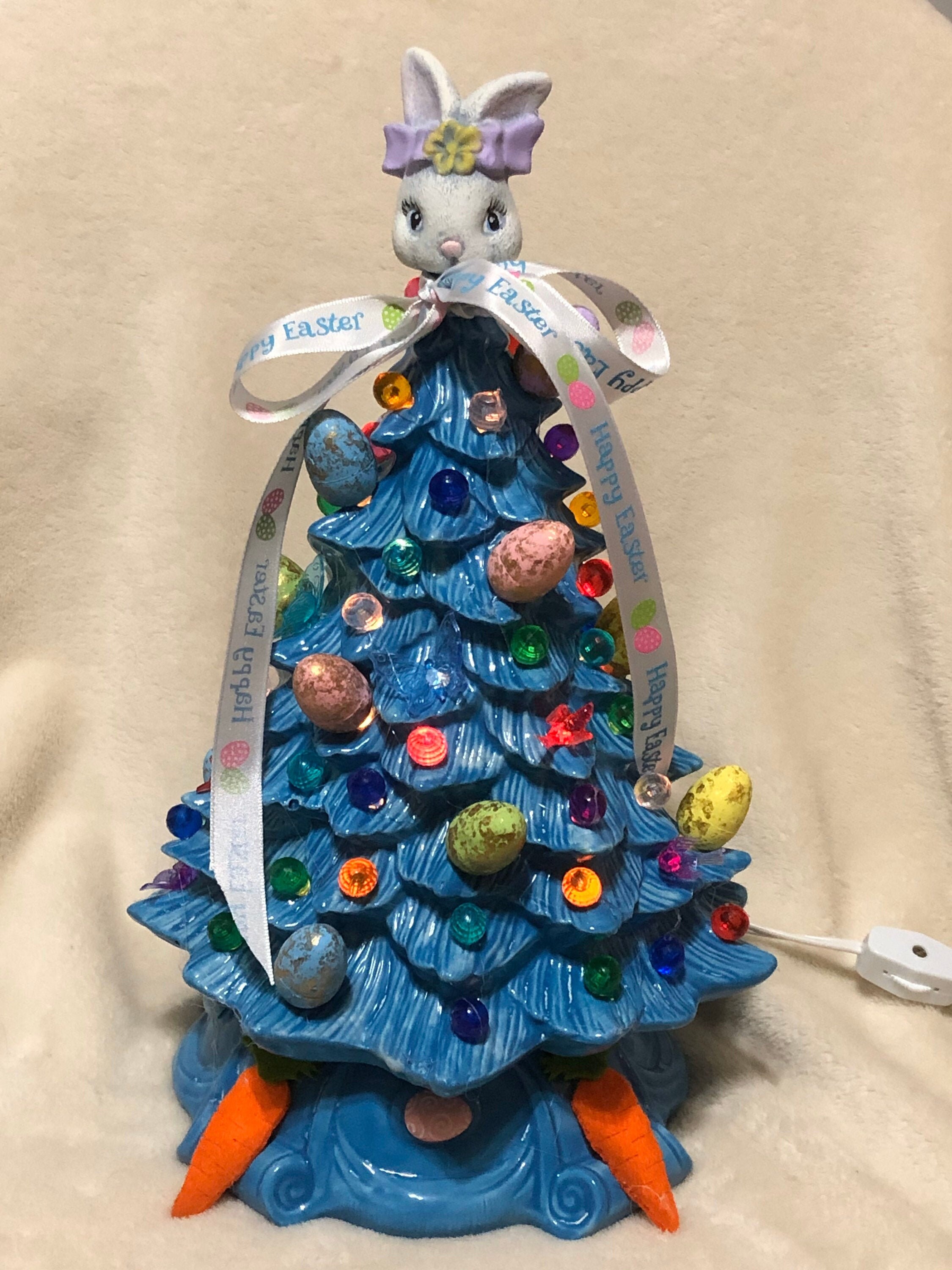 Glazed Ceramic Easter Tree with bulbs, eggs, rabbit, base and light kit