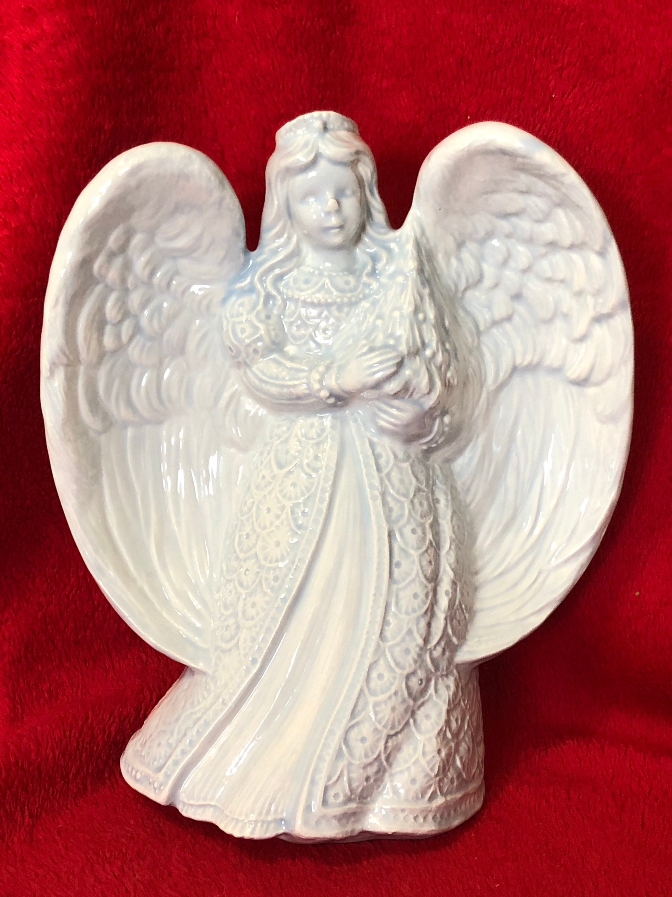 Sheer Blue Glazed Ceramic Christmas Angel with Tree by jmdceramicsart