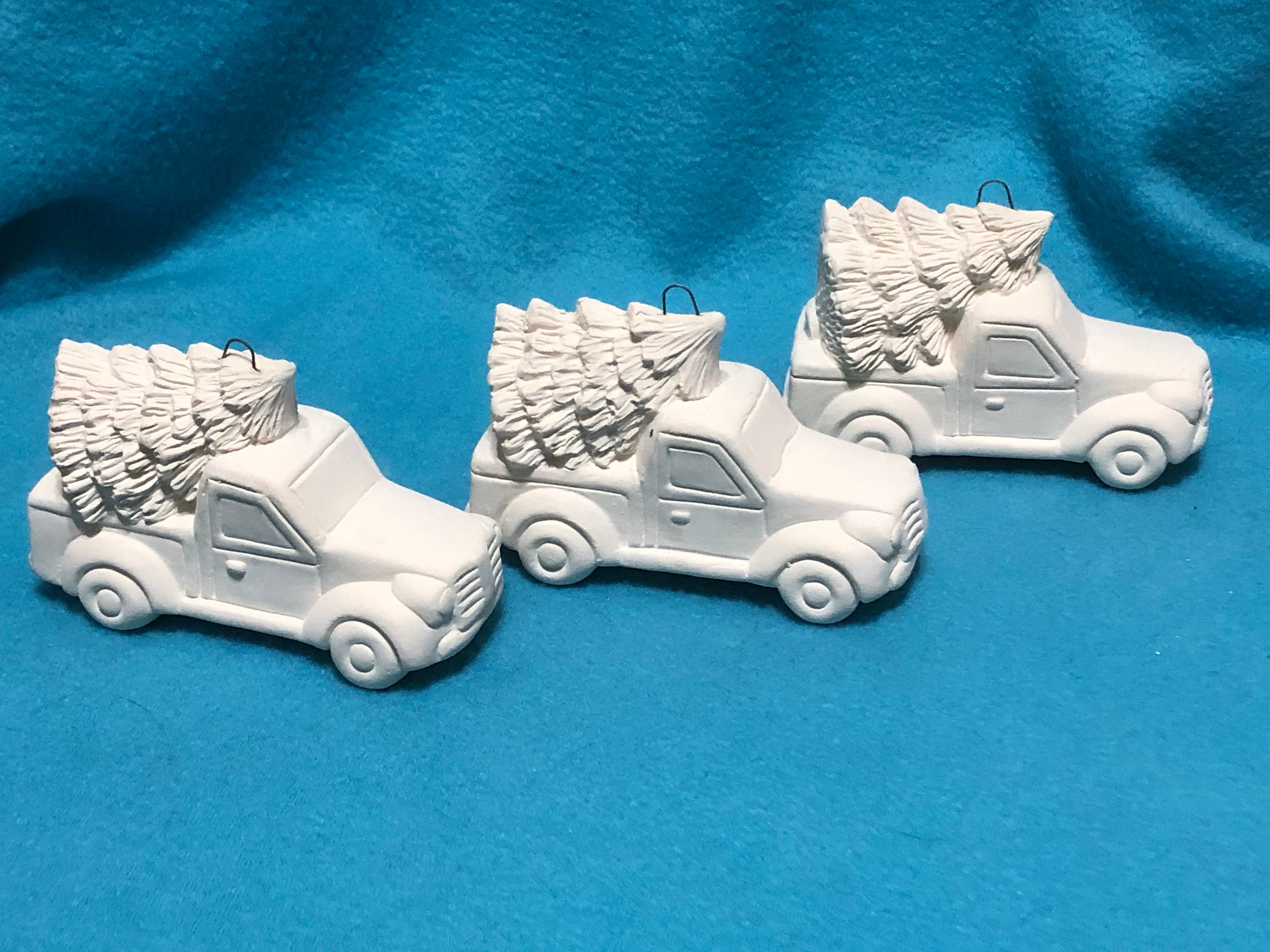 Set of 3 Ceramic Classic Pickup Trucks with Trees Bisque Ornaments