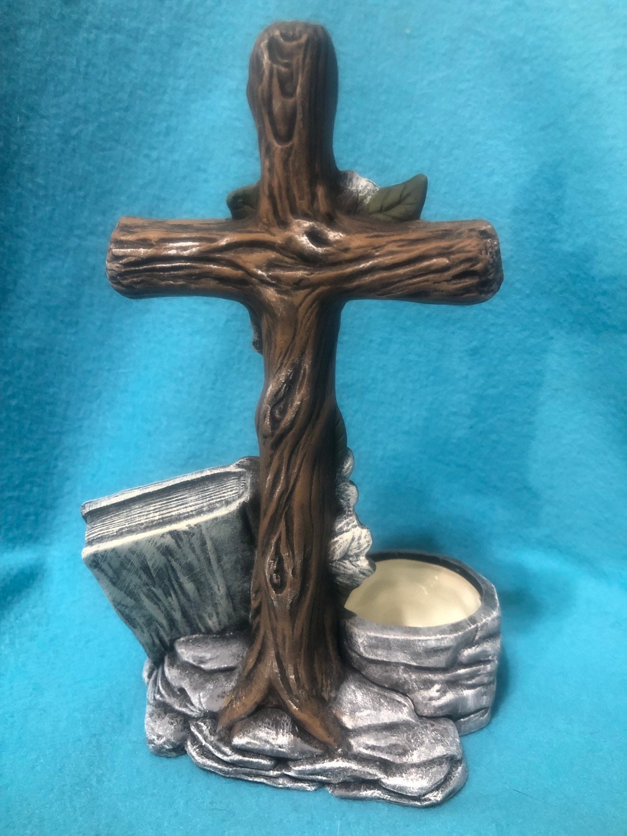 Ceramic Dogwood Cross Votive Candle Holder with Bible