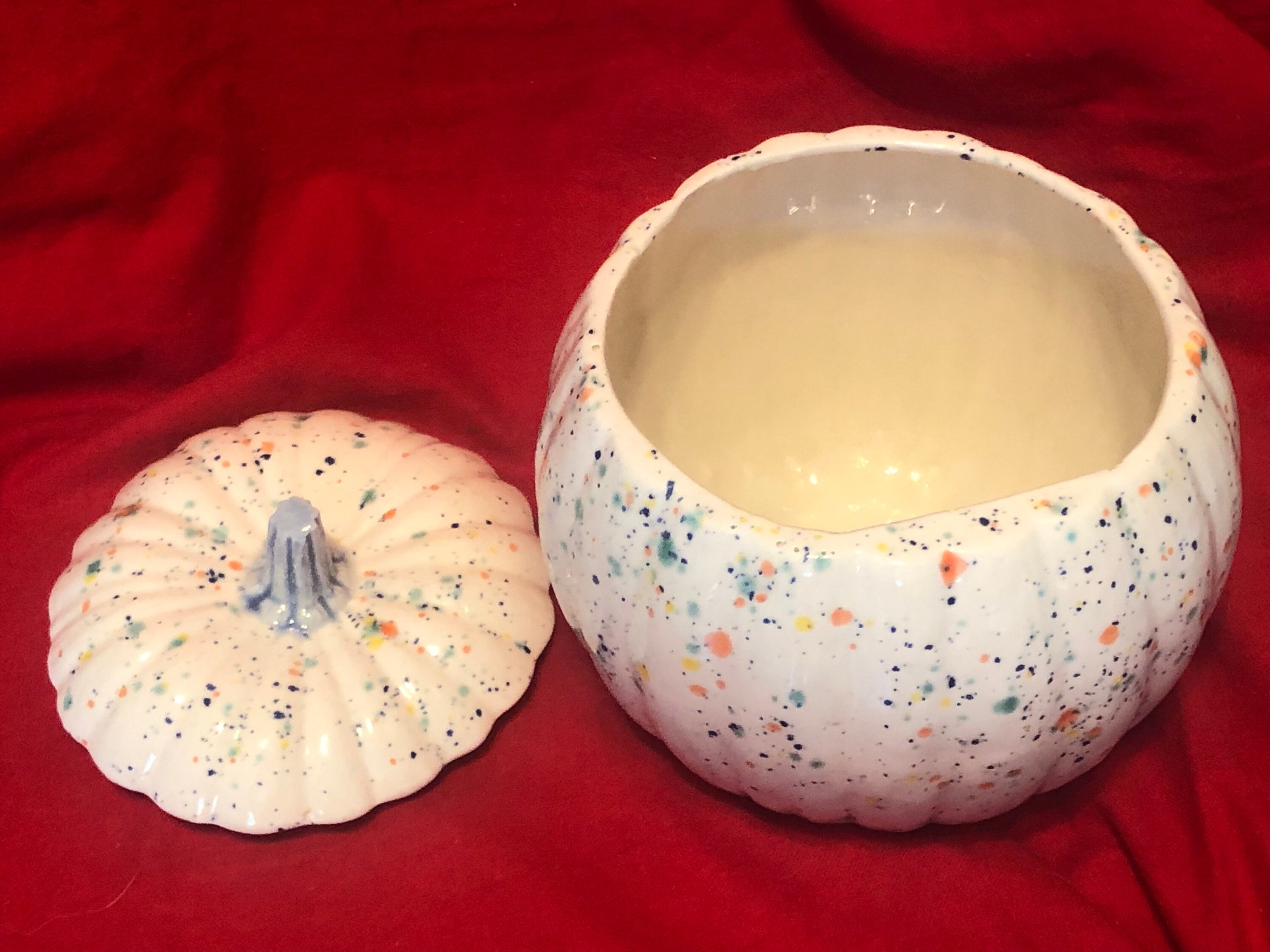 Milk White and Fruity Freckles Glazed Ceramic Pumpkin Candy Dish with a