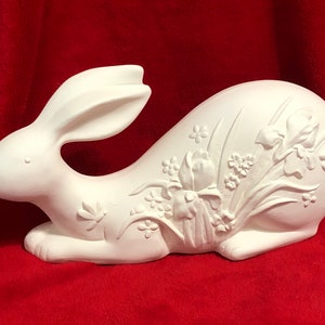 DIY Ceramic Bisque Rabbit - Ready-to-Paint - Rabbit with Irises Scene - Ceramics to Paint - Etsy - Quality DIY Ceramics - Rabbit Home Decor