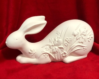 DIY Ceramic Bisque Rabbit - Ready-to-Paint - Rabbit with Irises Scene - Ceramics to Paint - Etsy - Quality DIY Ceramics - Rabbit Home Decor