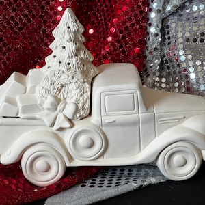 Ceramic Truck Figurine - Clay Magic Truck -  Jalopy Pickup Truck with Christmas Lid - Xmas Centerpiece by jmdceramicsart