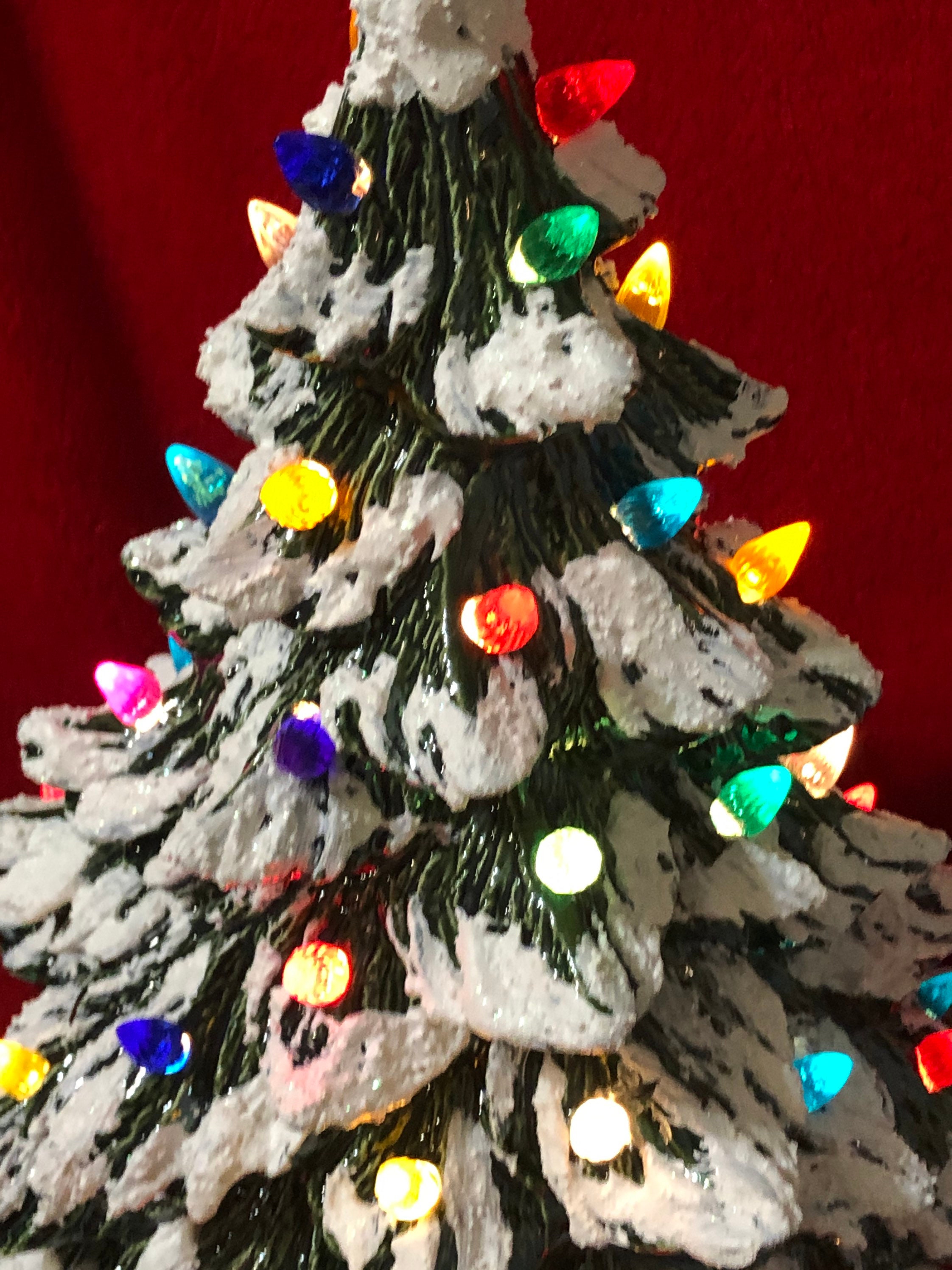 Ceramic Green Glazed Glitter Christmas Tree and base with snow