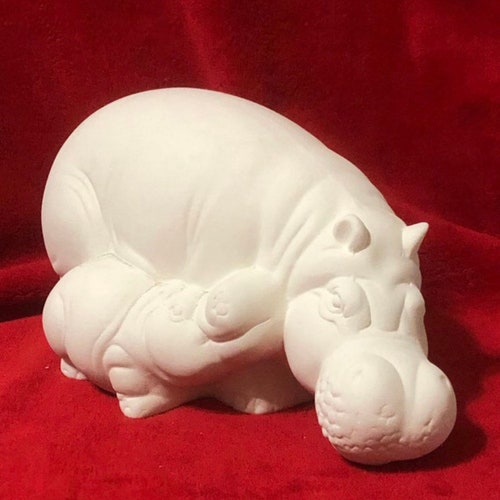 Hippo and Baby Hippo piggy bank with rubber stopper in ceramic bisque