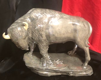 Glazed Ceramic Buffalo with flat Empress White Horns by jmdceramicsart