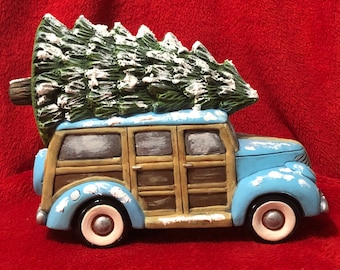 Ceramic Dry Brushed Old Time Woody with tree, snow and glitter using Mayco Softee Stains by jmdceramicsart