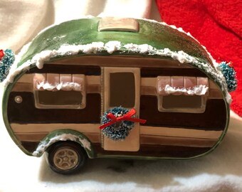 Glazed Ceramic Camper with snow and Christmas Wreaths