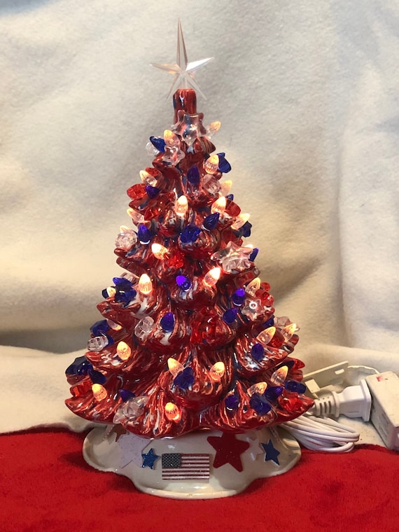 陶器製クリスマスツリーオーナメント：手作りの7月4日装飾（11x6インチ