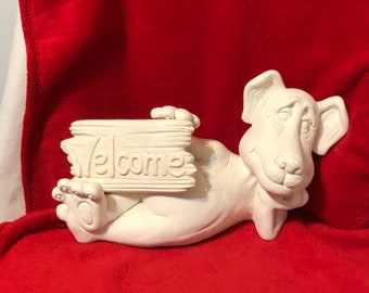 2 Piece Ceramic Doggie Welcome Sign in bisque ready to paint